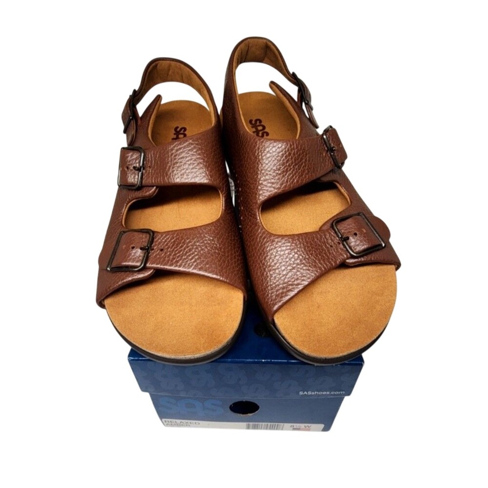 SAS Relaxed Sandals 8.5 W Amber Brown Leather Wide Comfort Womens Shoes READ